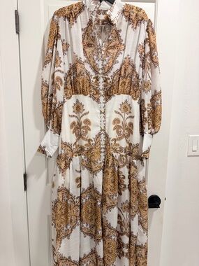 Boho Paisley Long Sleeve Maxi Dress - White & Gold